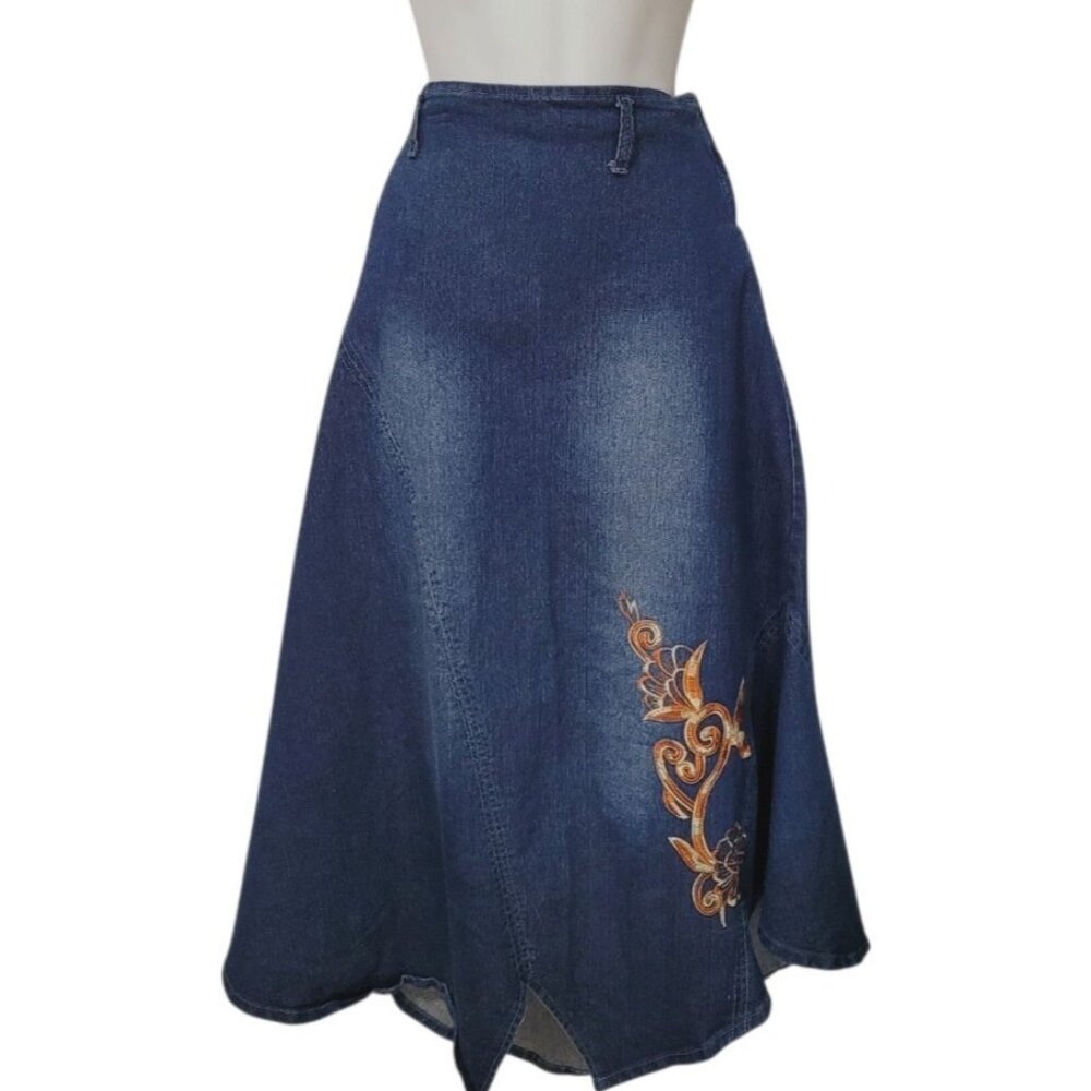 VTG Y2K Denim Maxi Jean Skirt 12 Boho Grunge 2000s Embroidered Western Prairie
